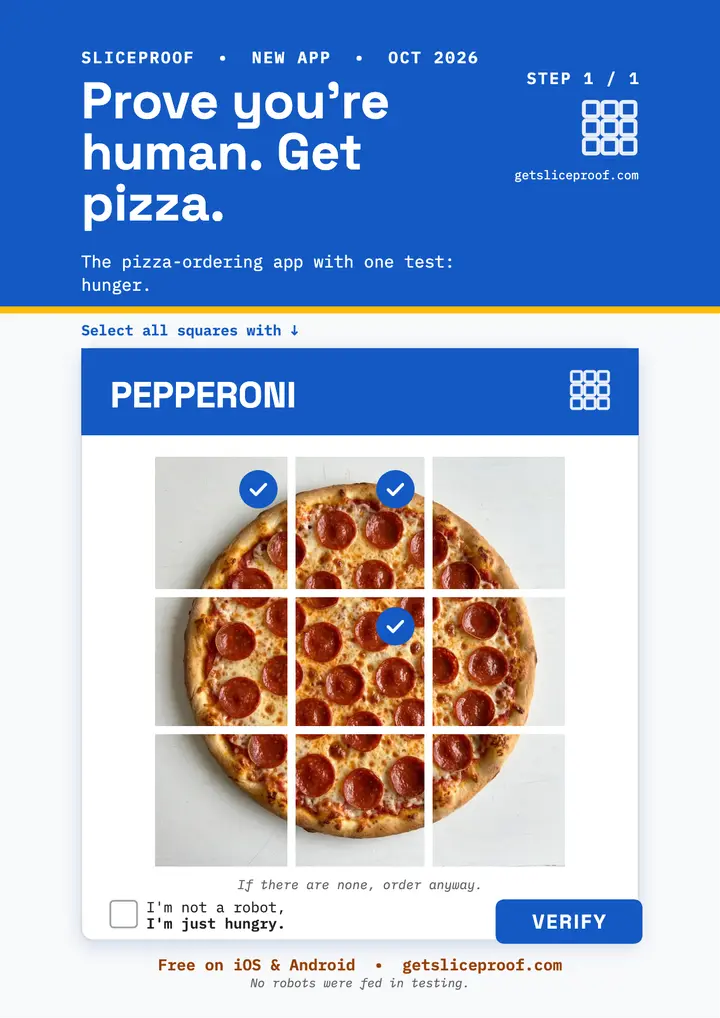 Sliceproof pizza app captcha flyer: pizza app launch flyer template