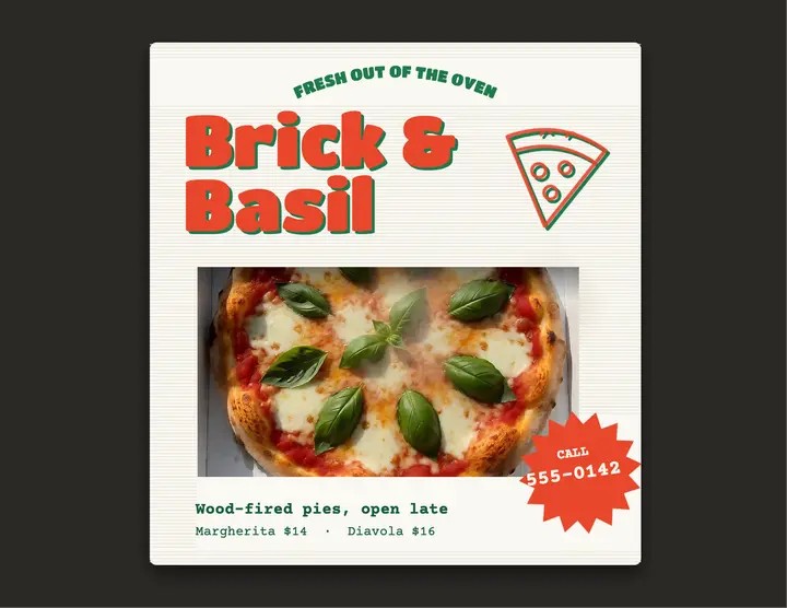 Brick & Basil pizza box lid flyer template