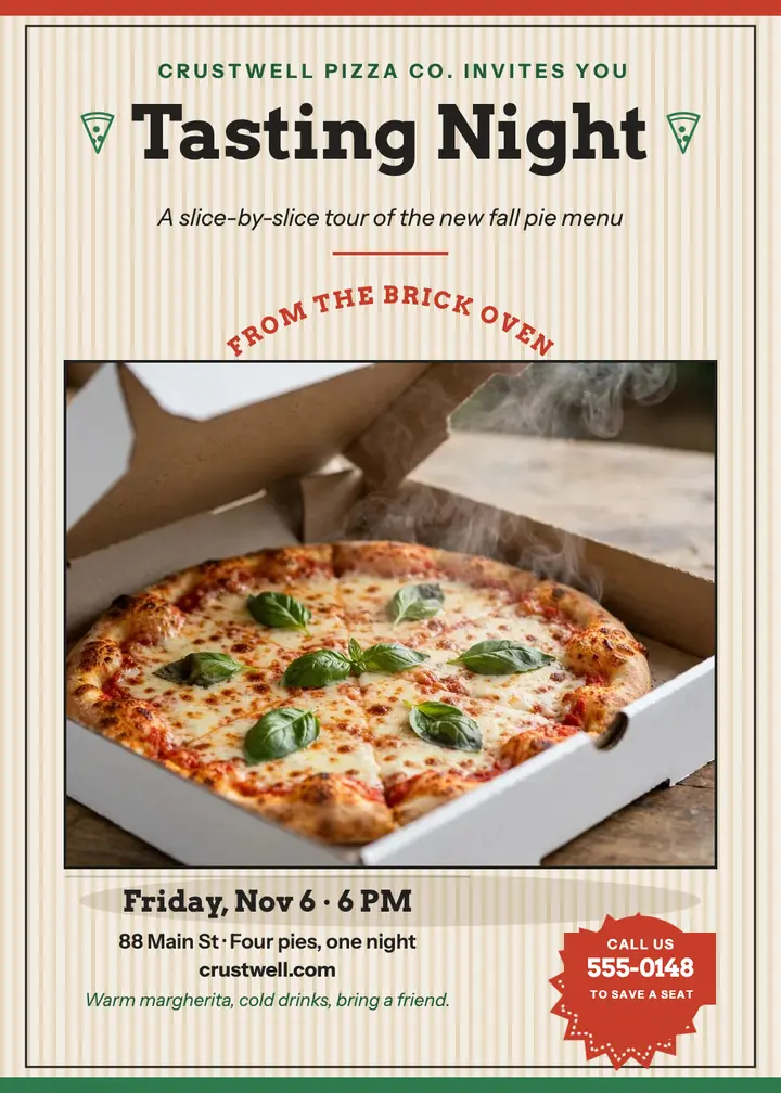 Crustwell tasting night pizza-box invitation template