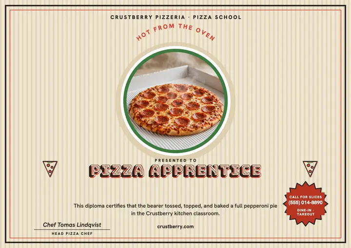 Crustberry pizza class diploma certificate template