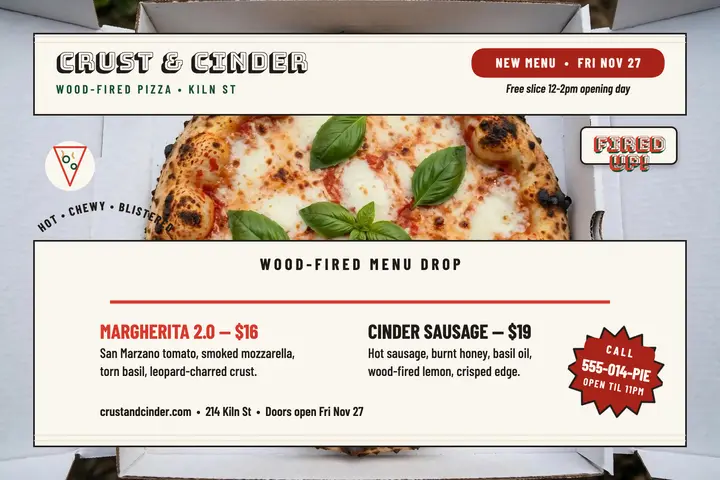 Crust and Cinder pizza menu drop card template