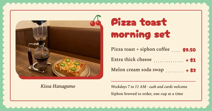 Pizza toast and siphon coffee morning set Facebook post, Kissaten Showa template