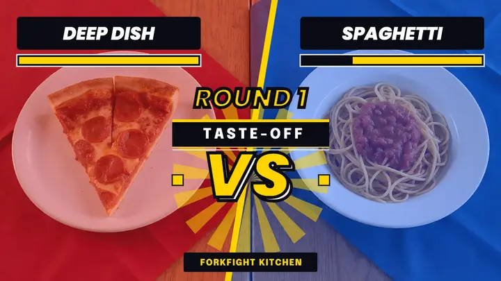 Pizza vs pasta taste-off thumbnail, Forkfight Kitchen template