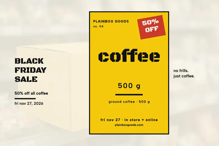 Plainbox coffee Black Friday postcard: black friday coffee sale postcard template