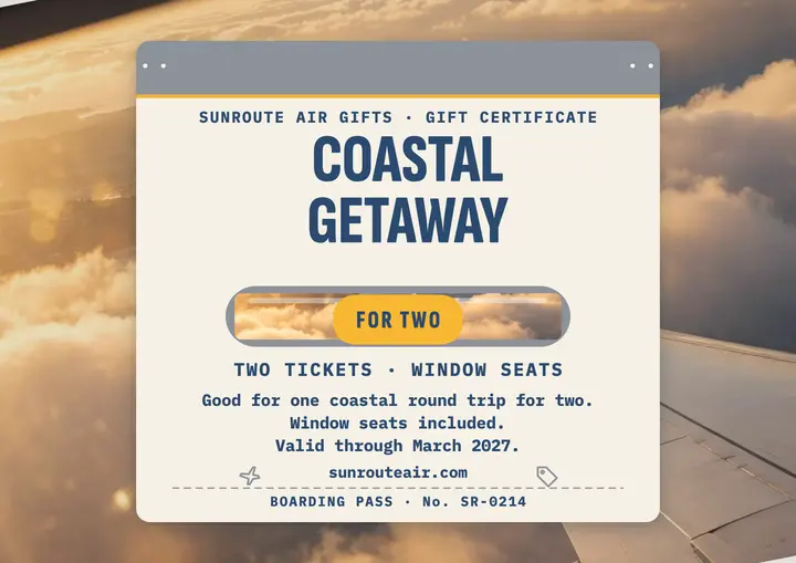 Sunroute coastal getaway travel certificate: travel gift certificate template