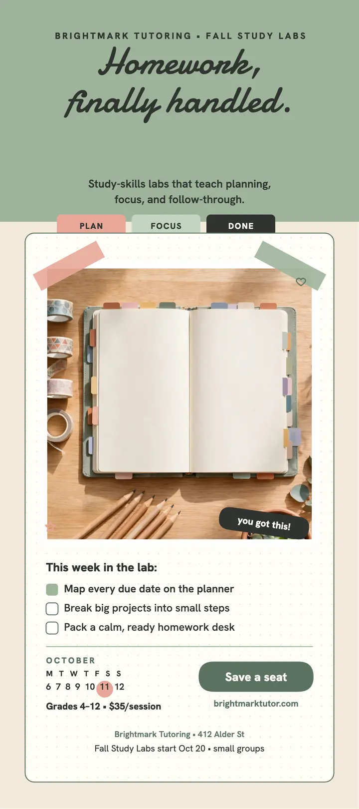 Brightmark homework planner rack card: tutoring rack card template