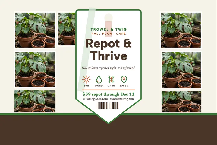 Trowel and Twig fall repot tag postcard: landscaper postcard template