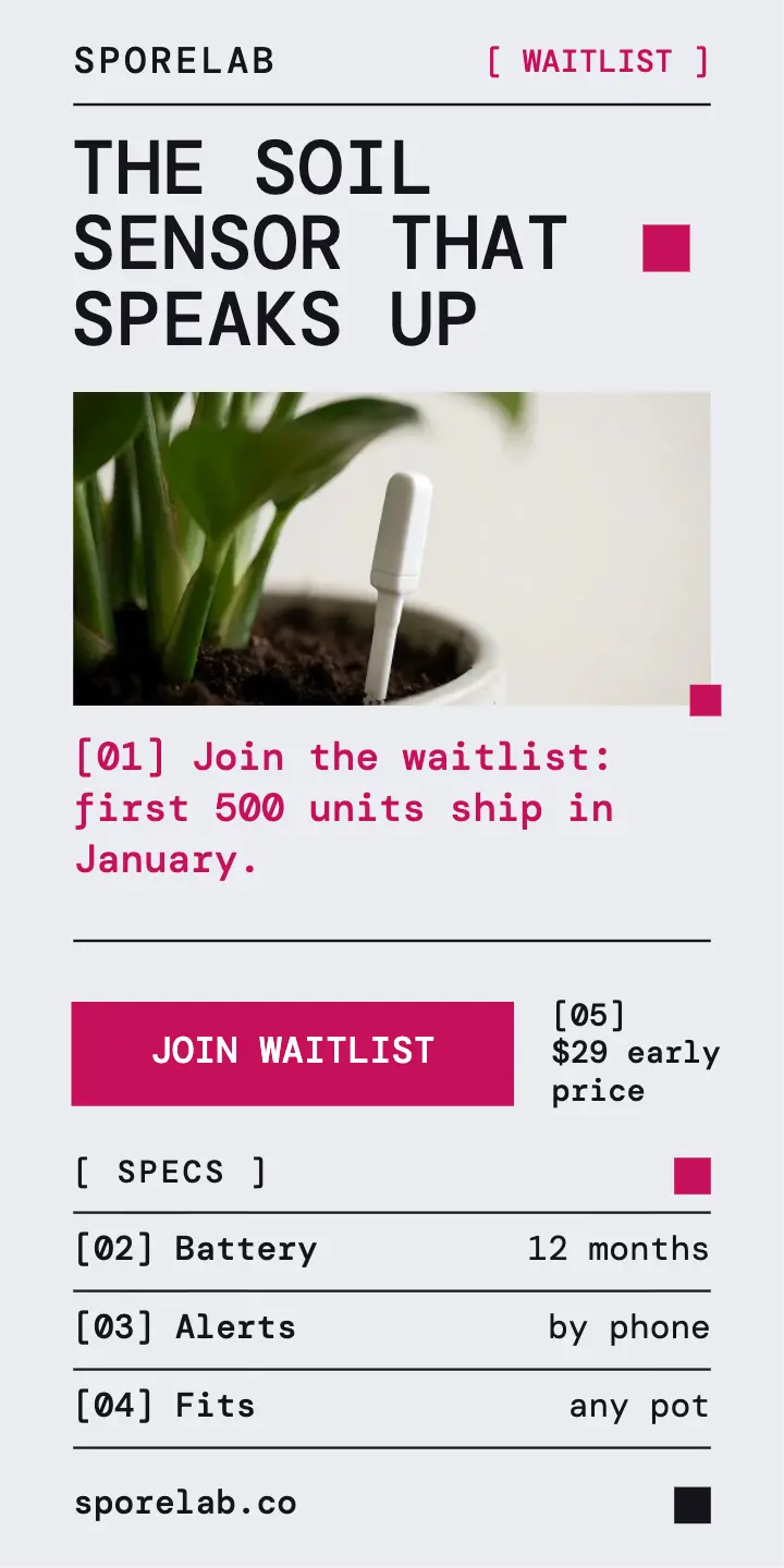 Sporelab soil sensor waitlist half-page ad template