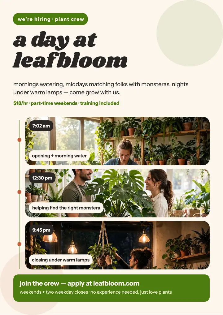 A Day at Leafbloom hiring flyer template