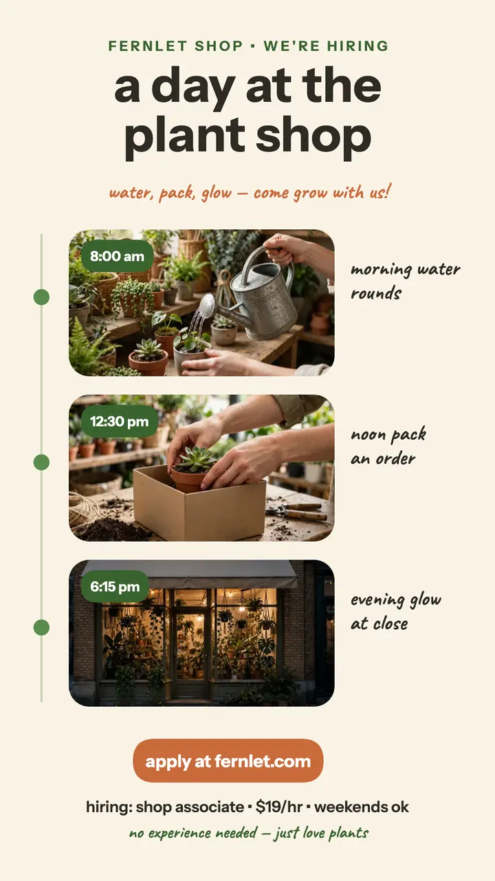 Fernlet day at the plant shop hiring story template