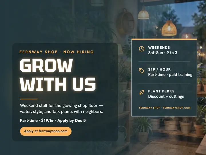 Fernway Shop weekend staff hiring slide template