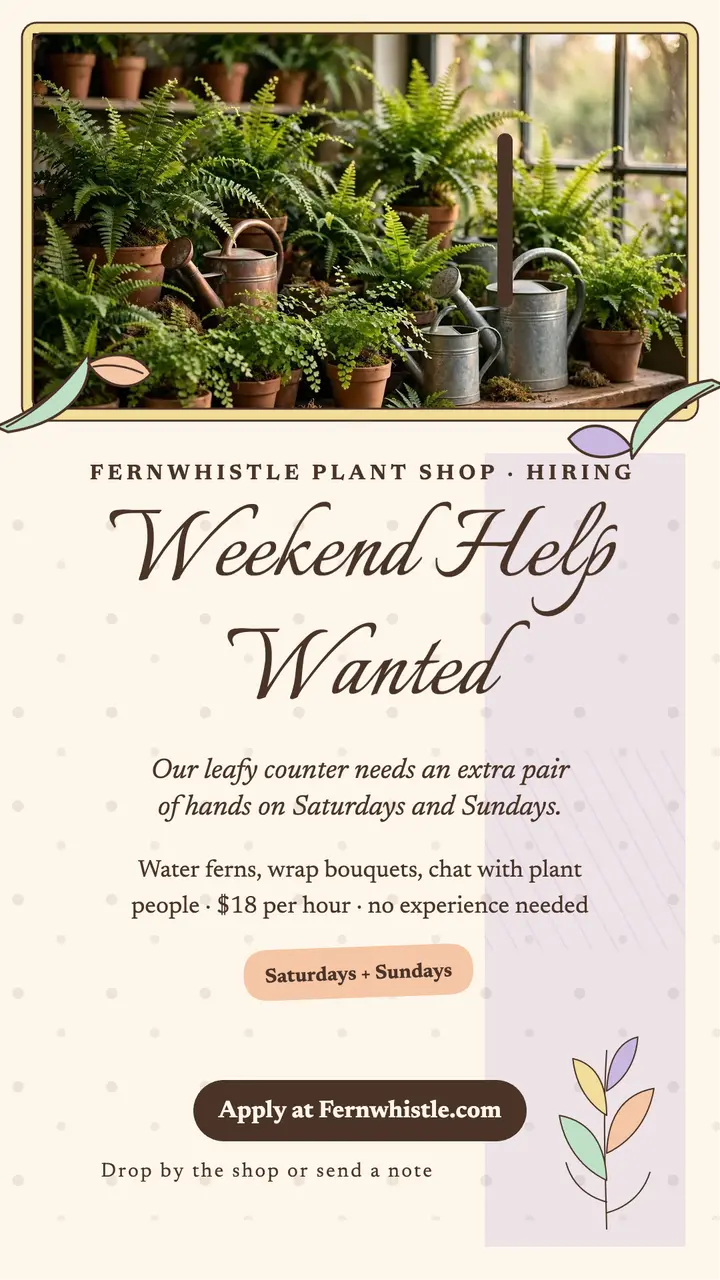Fernwhistle weekend help hiring story: plant shop hiring story template