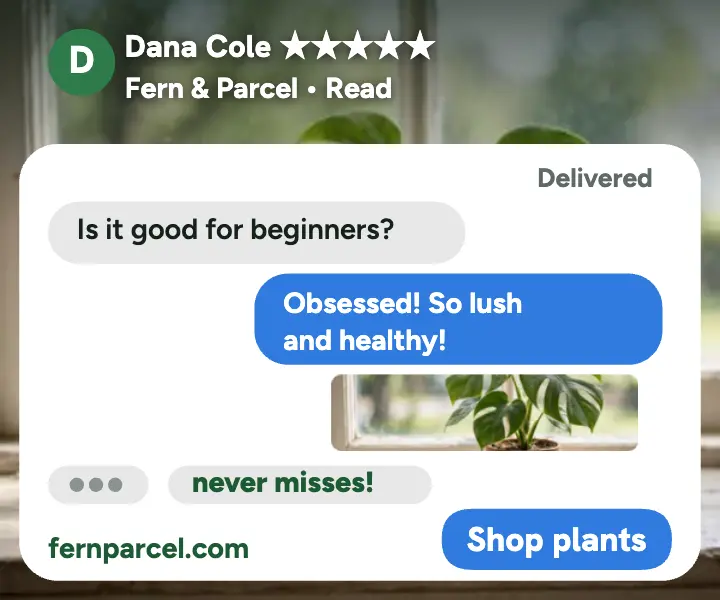 Fern and Parcel text thread review ad: plant shop review ad template