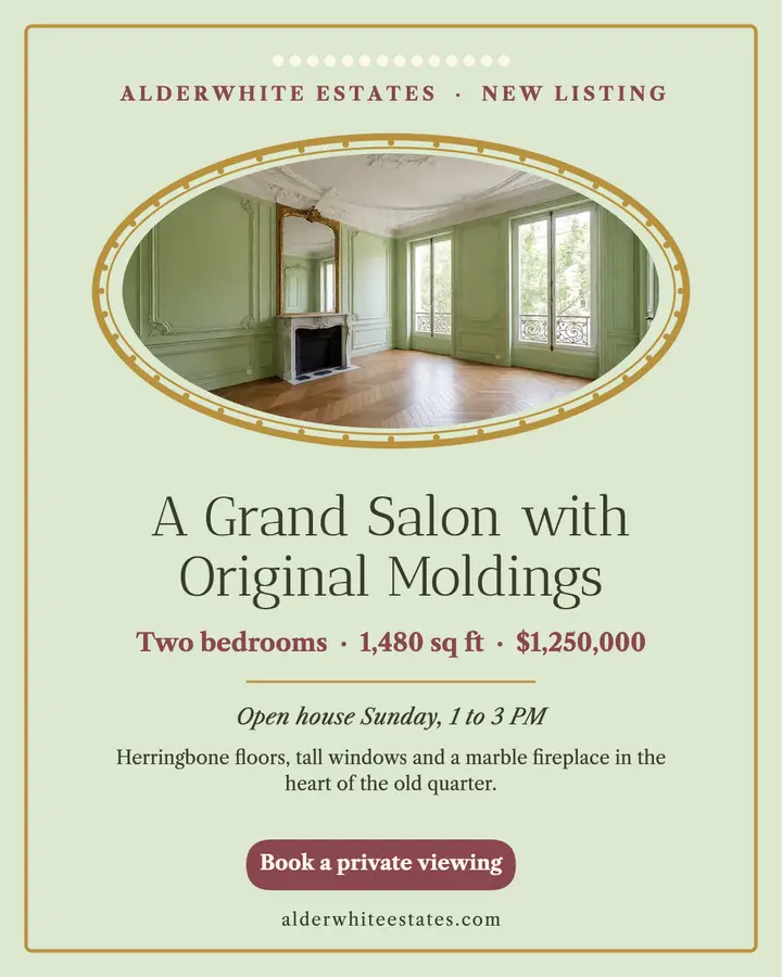 Alderwhite Estates grand salon apartment for sale Instagram post, rococo: apartment for sale post template