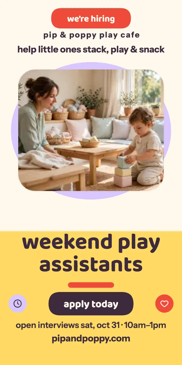 Pip and Poppy weekend assistants ad: play cafe hiring ad template