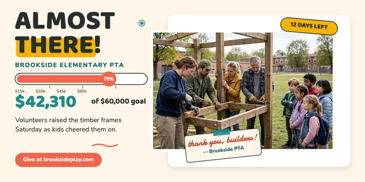Brookside playground rebuild thermometer post: playground fundraiser update template