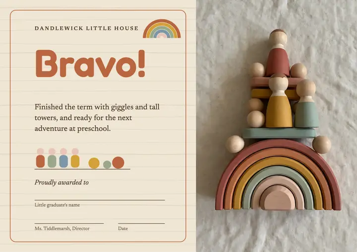 Toddler graduation certificate, wooden toy rainbow template