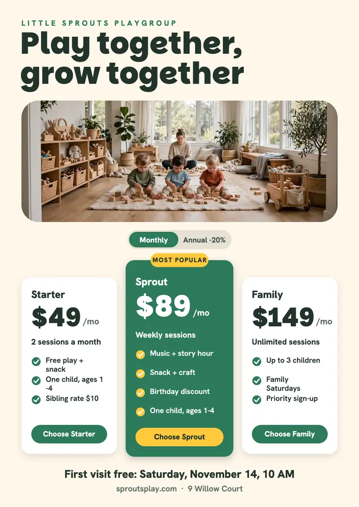 Little Sprouts playgroup plans pricing flyer template