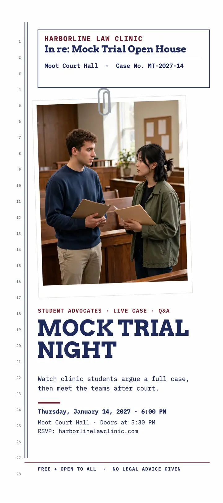 Harborline Law Clinic mock trial night rack card template