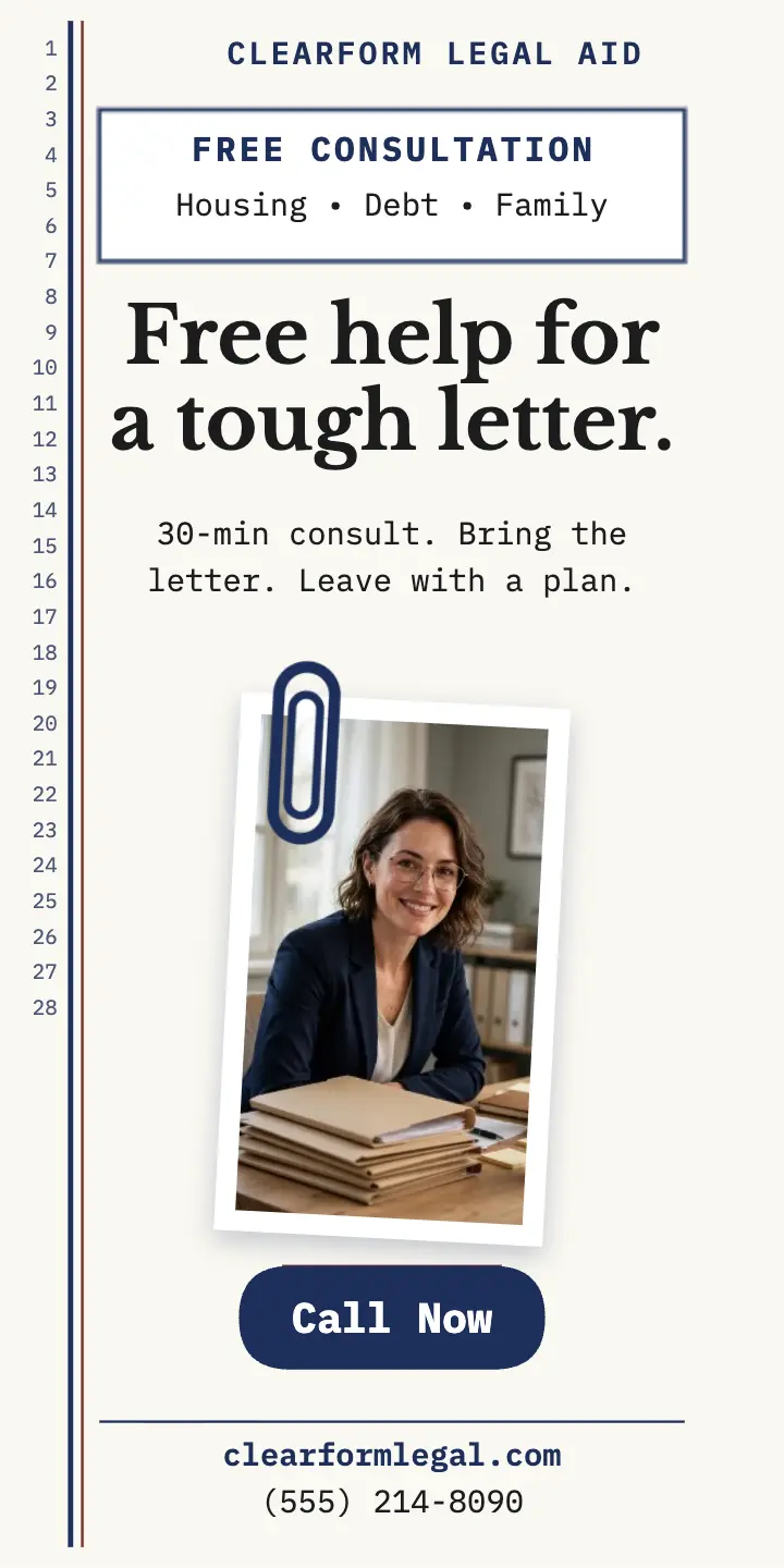 Clearform free consult pleading ad: legal aid ad template