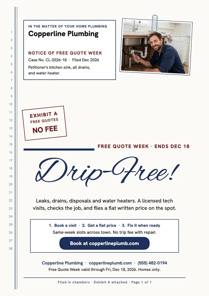 Copperline Plumbing quote week filing flyer: plumber quote flyer template