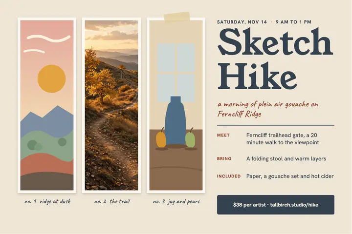 Sketch hike gouache workshop postcard: plein air workshop postcard template