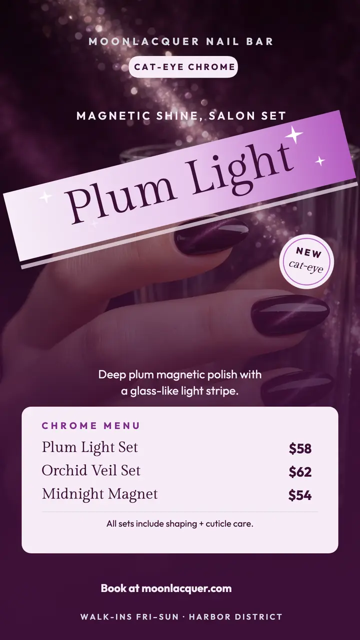 Moonlacquer plum chrome nail menu story template