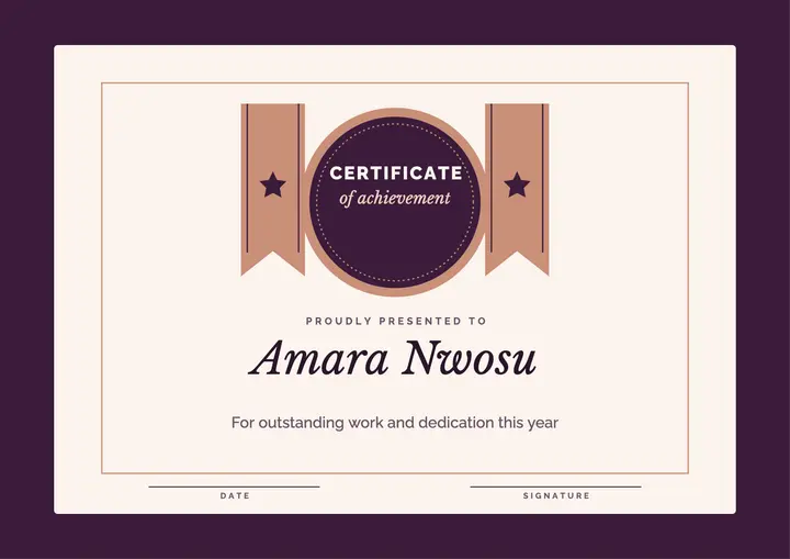 Plum and rose gold achievement certificate template