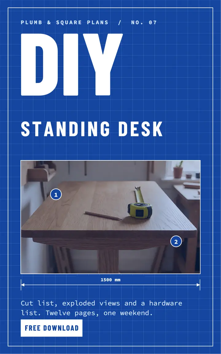Plumb & Square standing desk plans ebook cover, blueprint schematic template