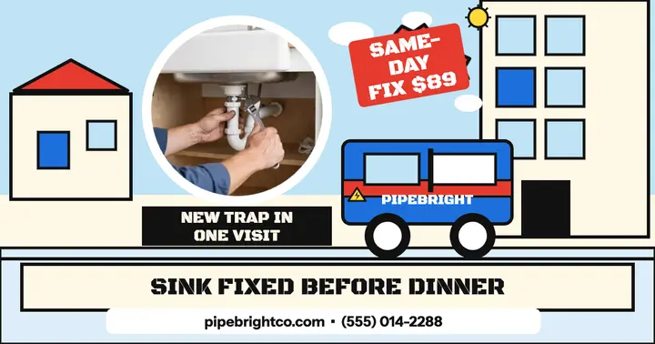 Pipebright same-day sink fix comic post: plumber facebook post template