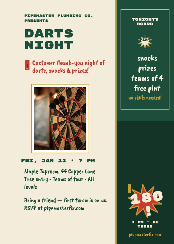 Pipemaster customer darts night invitation template