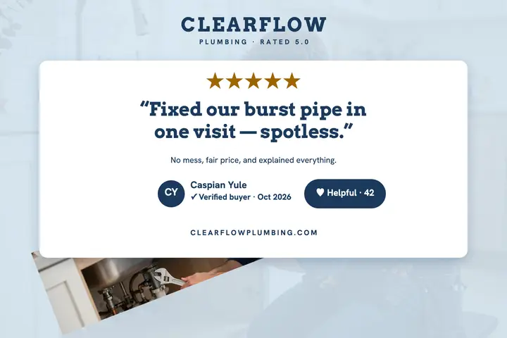 Clearflow Plumbing five-star review card: plumber review postcard template