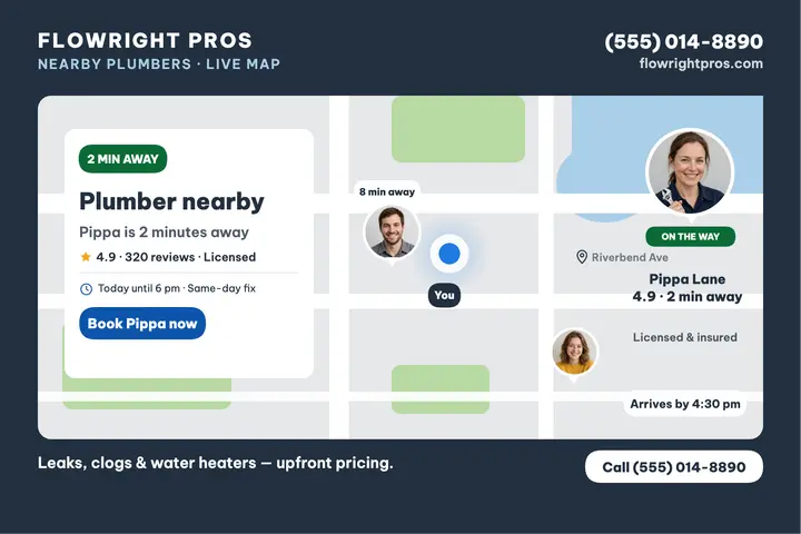 Flowright nearby plumber map card: plumber map postcard template