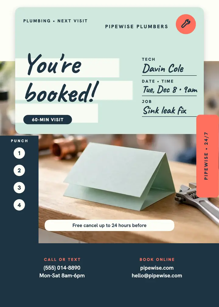 Pipewise plumber next visit card template