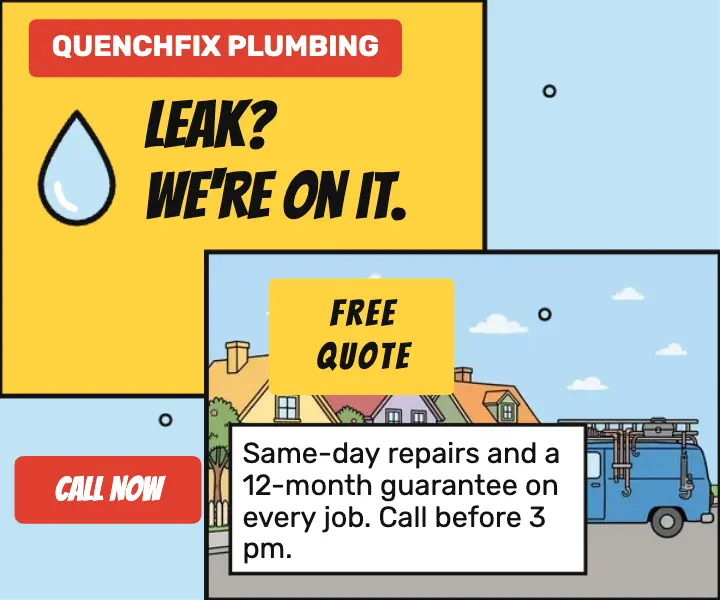 Quenchfix Plumbing promo ad, clear-line comic template