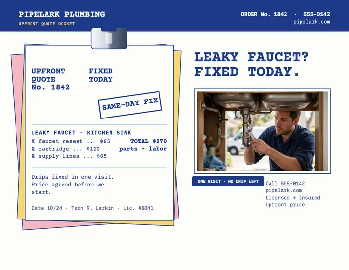 Pipelark leaky faucet quote docket flyer template