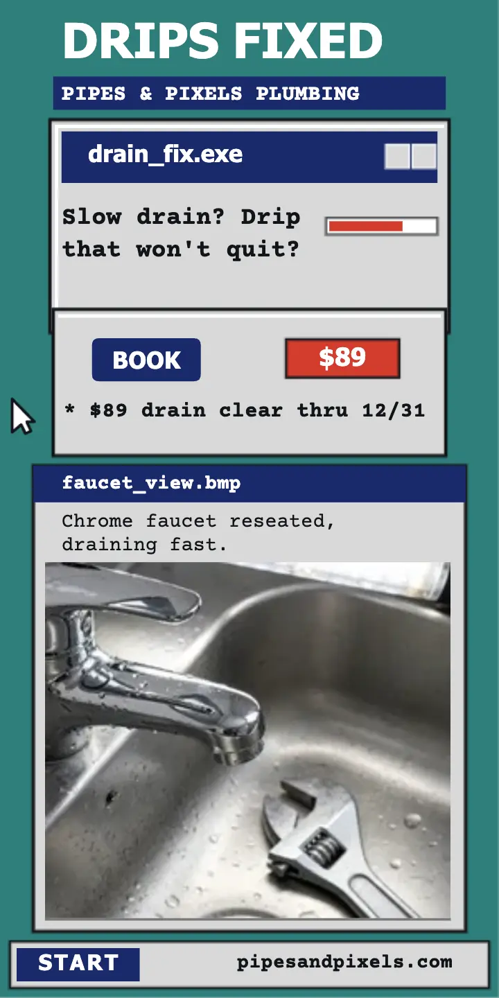 Pipes and Pixels retro desktop drain ad template