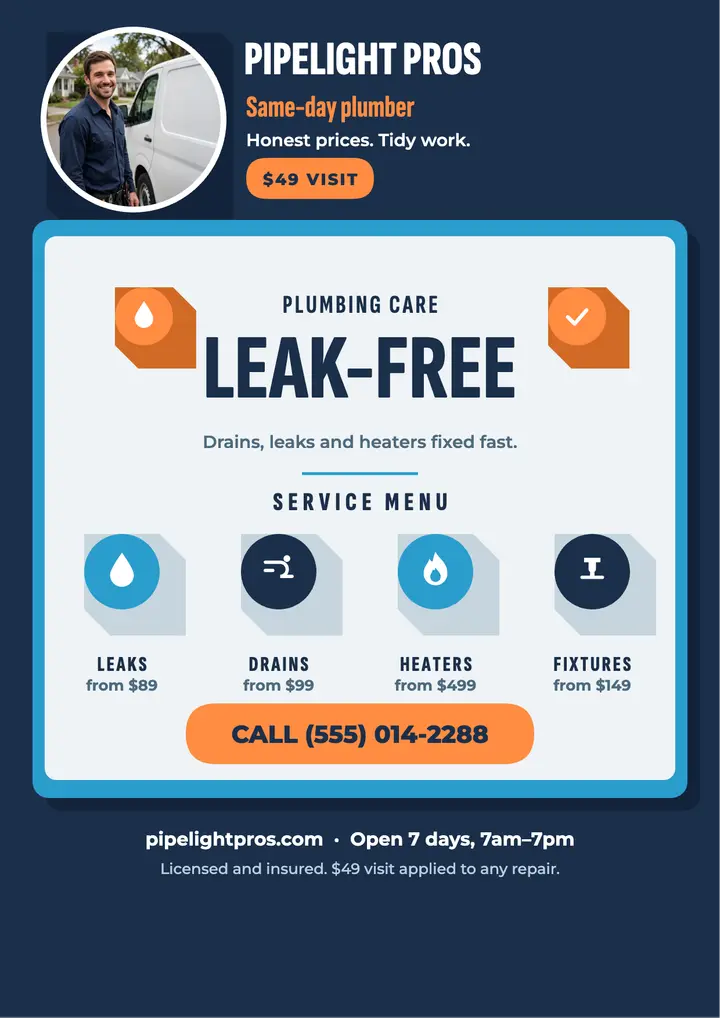 Pipelight Pros plumber service menu flyer template