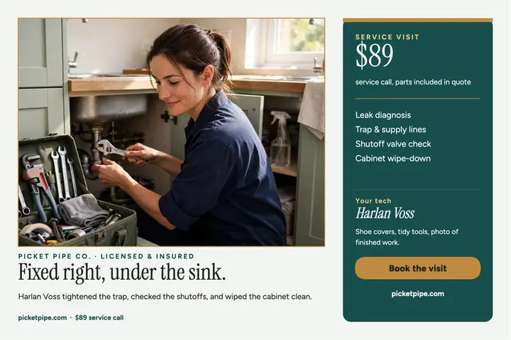 Picket Pipe sink repair visit postcard template