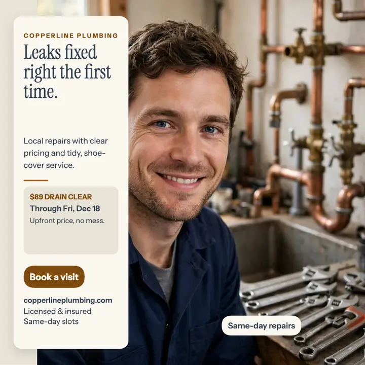 Copperline plumbing repair promo, calm sidebar template