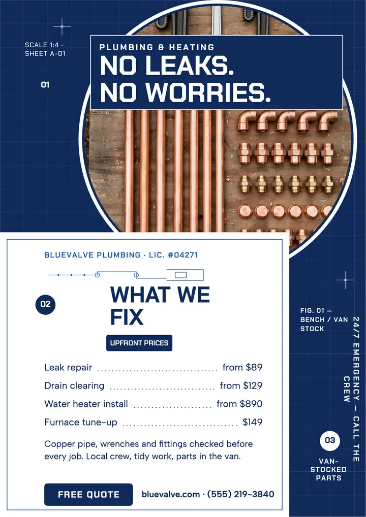 Bluevalve plumbing blueprint service flyer template