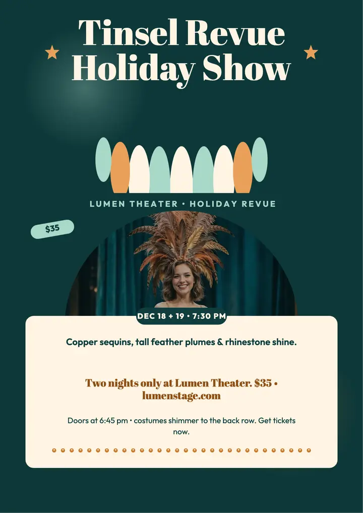 Tinsel Revue plume holiday flyer: holiday revue poster template