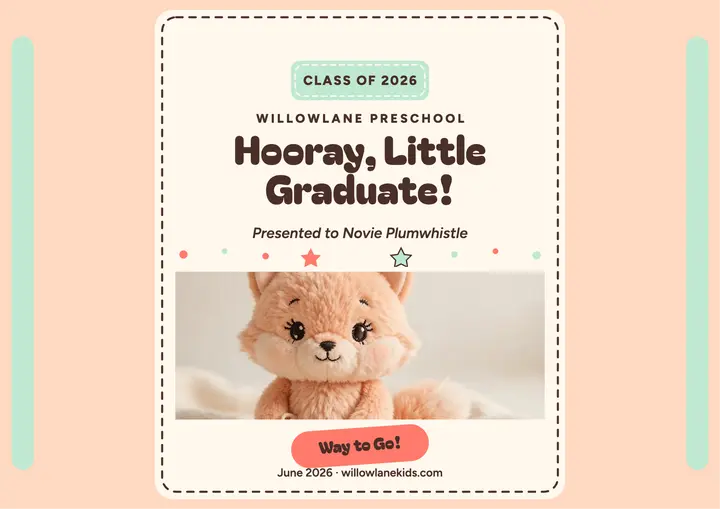 Plush fox preschool graduation certificate template