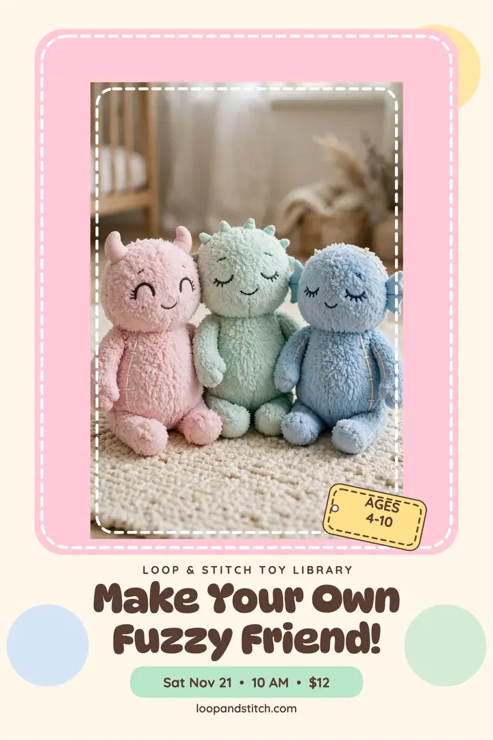 Plush monster workshop poster, Loop and Stitch template