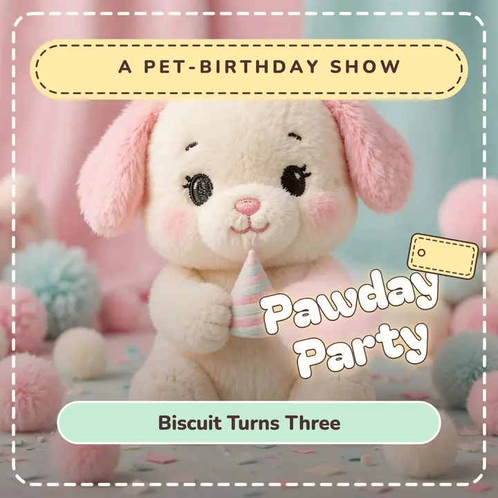 Pawday Party plush pup cover: pet birthday podcast cover template