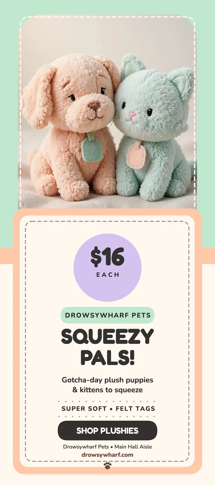 Squeezy Pals gotcha-day plush rack card: plush toy rack card template