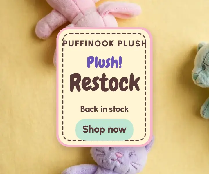 Puffinook Plush restock ad, felt tag template