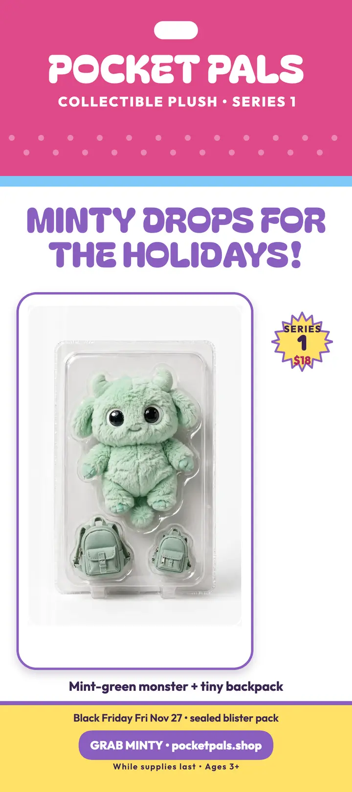 Pocket Pals mint monster plush drop card: plush toy sale flyer template