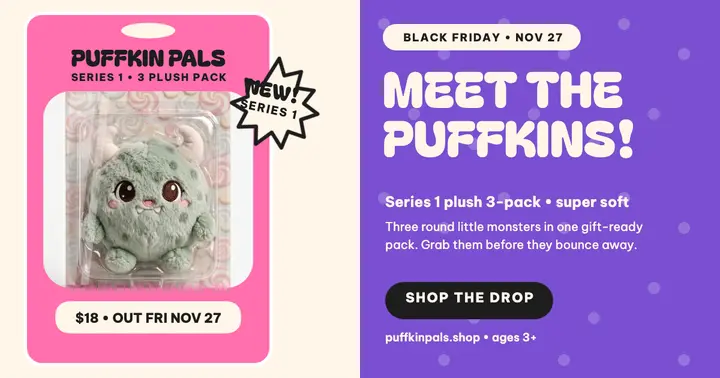 Puffkin Pals plush pack drop post: plush pack drop post template