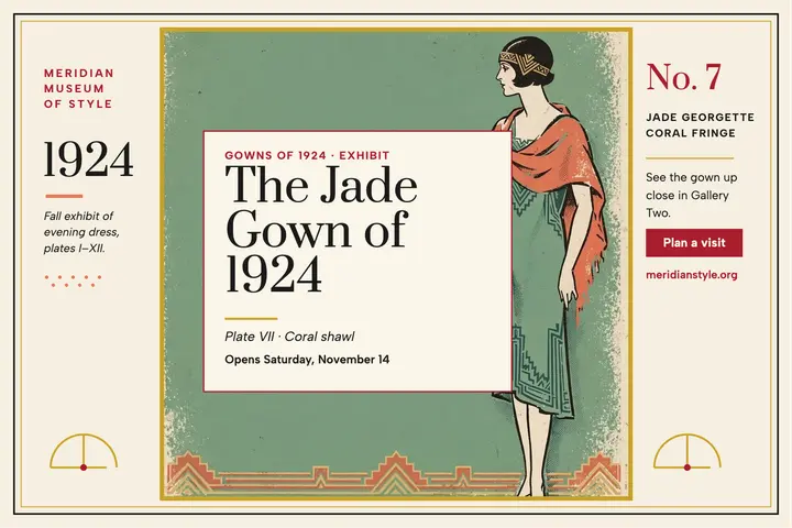 Jade gown pochoir exhibit postcard template